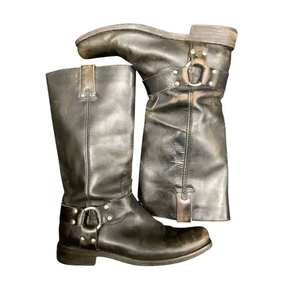 Vintage FryeBoots Women’s Size7.5 Leather Harness Studded Boots Distressed Brown
